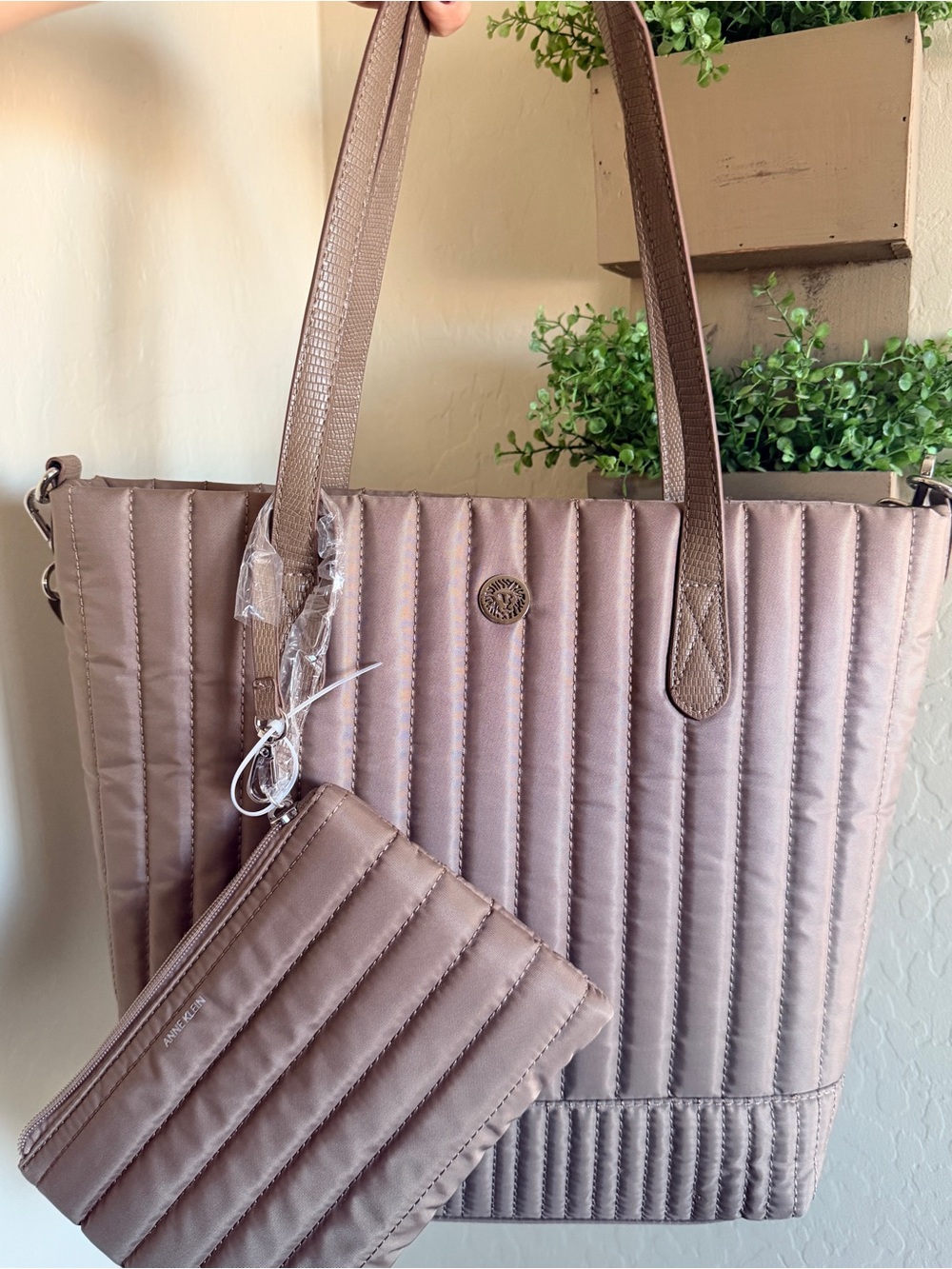 Anne Klein Quilted Tote Bag with Pouch - Taupe